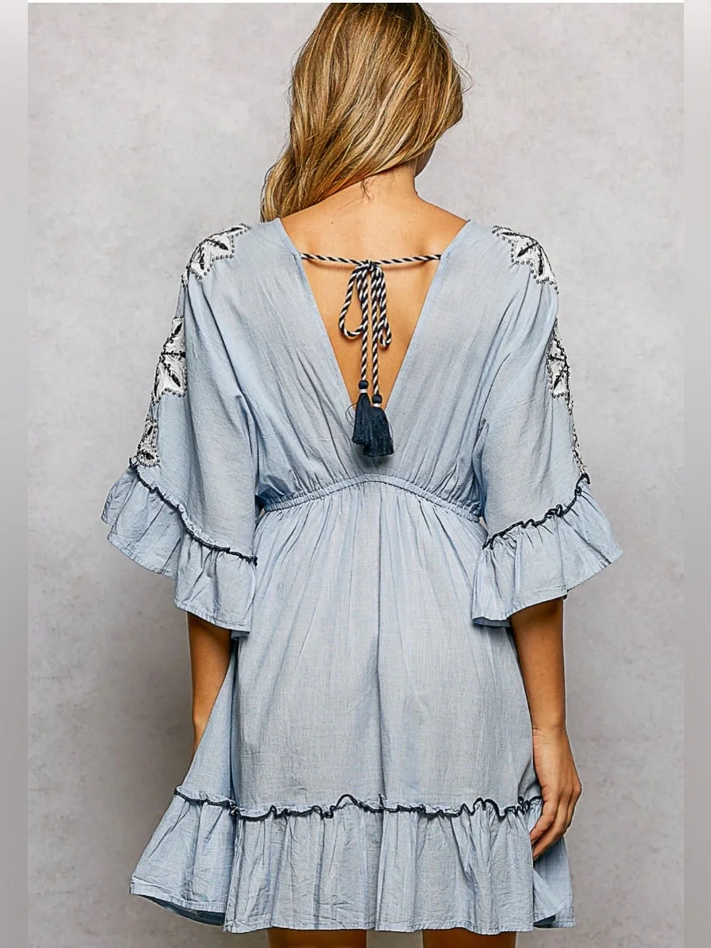 POL Boho Embroidered Star Mini Dress with Tassel Tie – Light Denim Blue Large - Picture 4 of 7